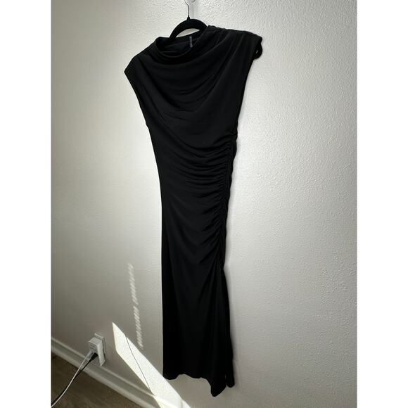 VICI Black Elisabeth Mock Neck Cap Sleeve Side Slit Ruched Midi Dress XS - Picture 6 of 15